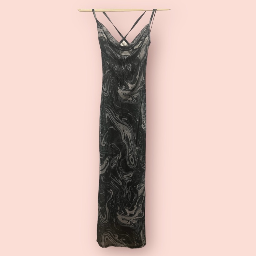 sheer cowl neck midi dress